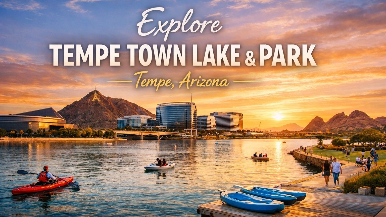 Tempe Town Lake & Park, Arizona: Kayakers, boats on water, people walking near shore, sunset over mountains.