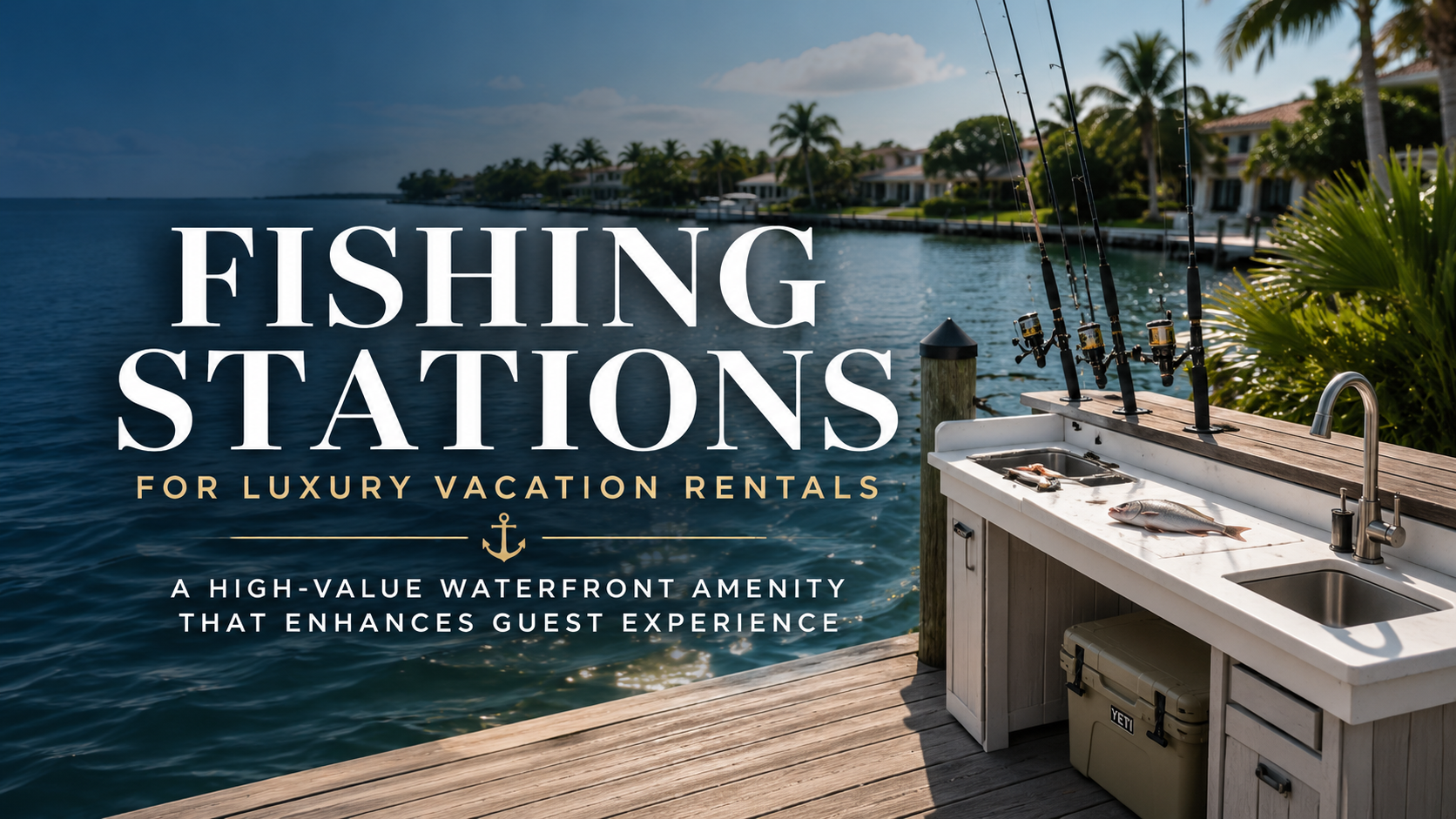 Luxury fishing station by tropical waterfront with dock, boats, and palm trees; waterfront rental promotion