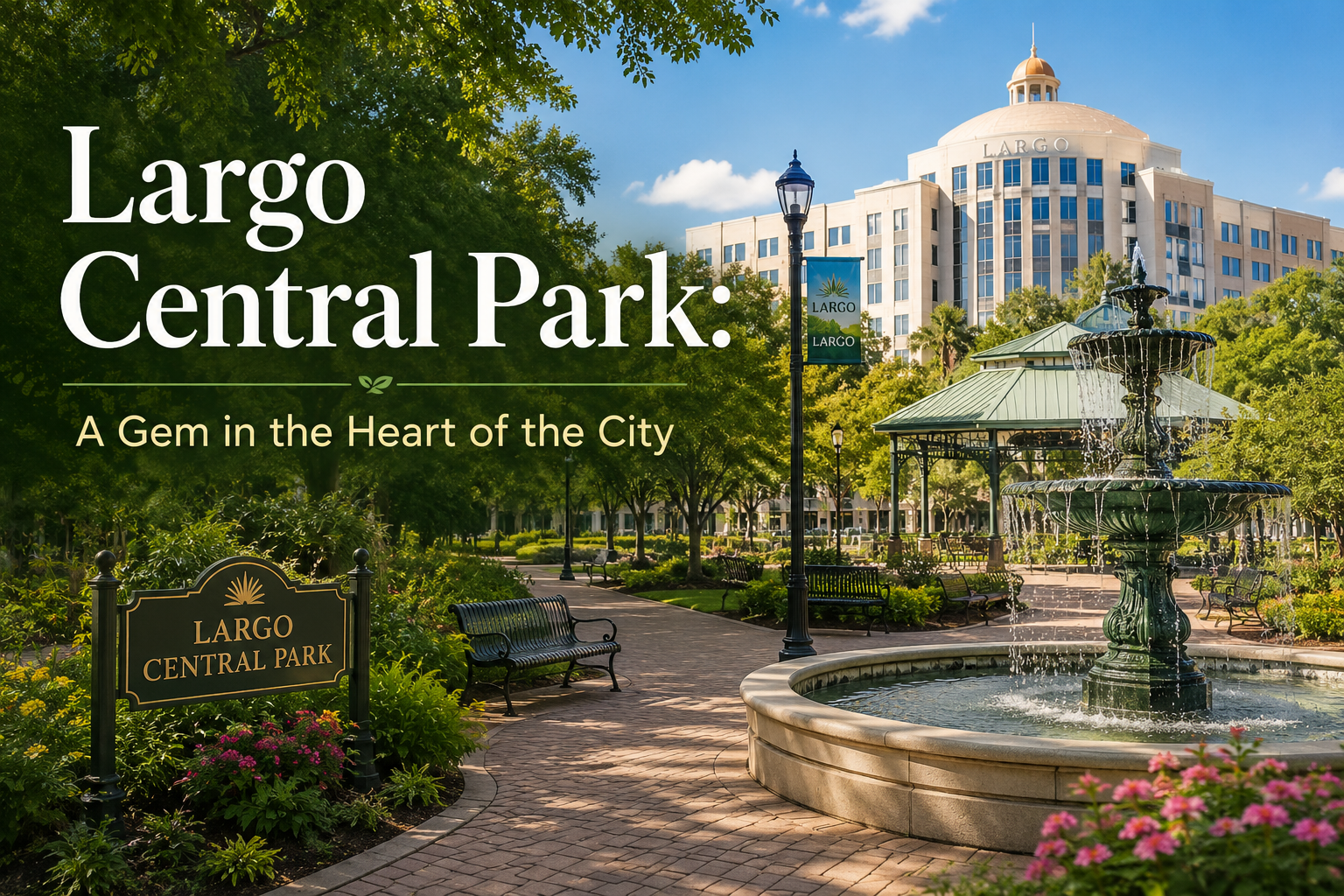 Largo Central Park with fountain, benches, and downtown buildings under trees, with “A Gem in the Heart of the City” text