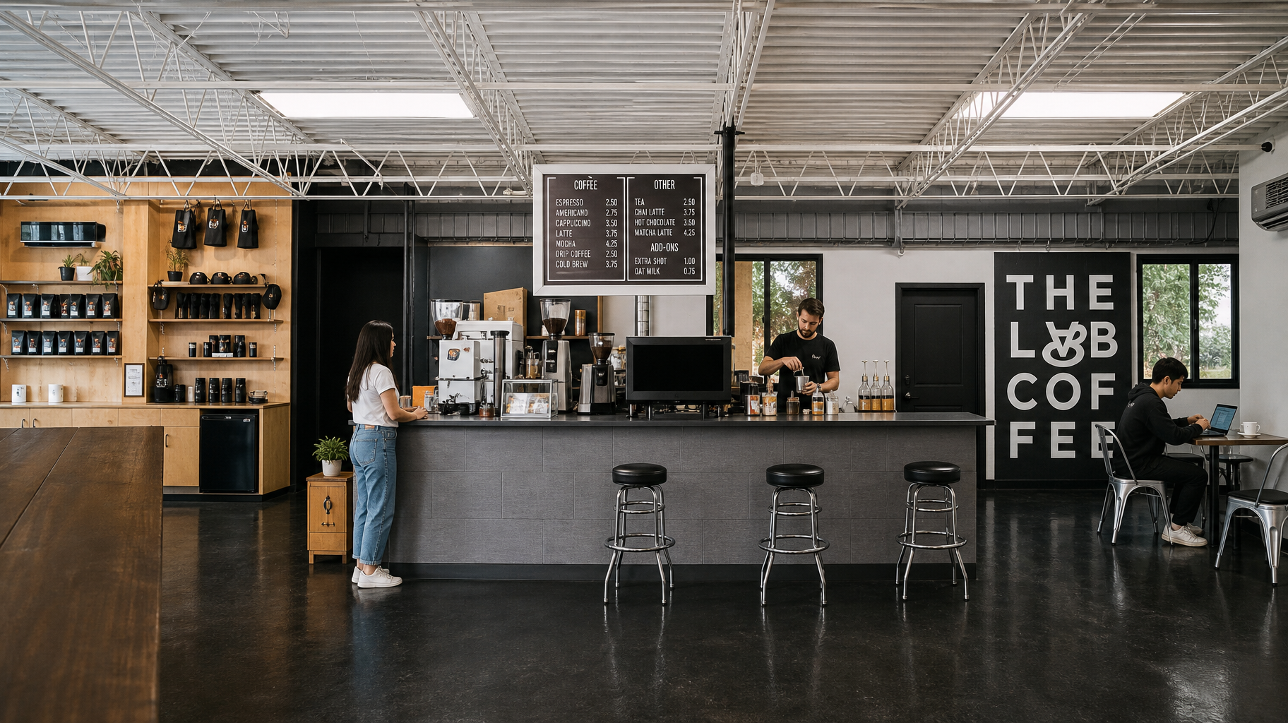 Modern coffee shop interior with counter, menu board, stools, and a large “THE LAB OF COFFEE” sign