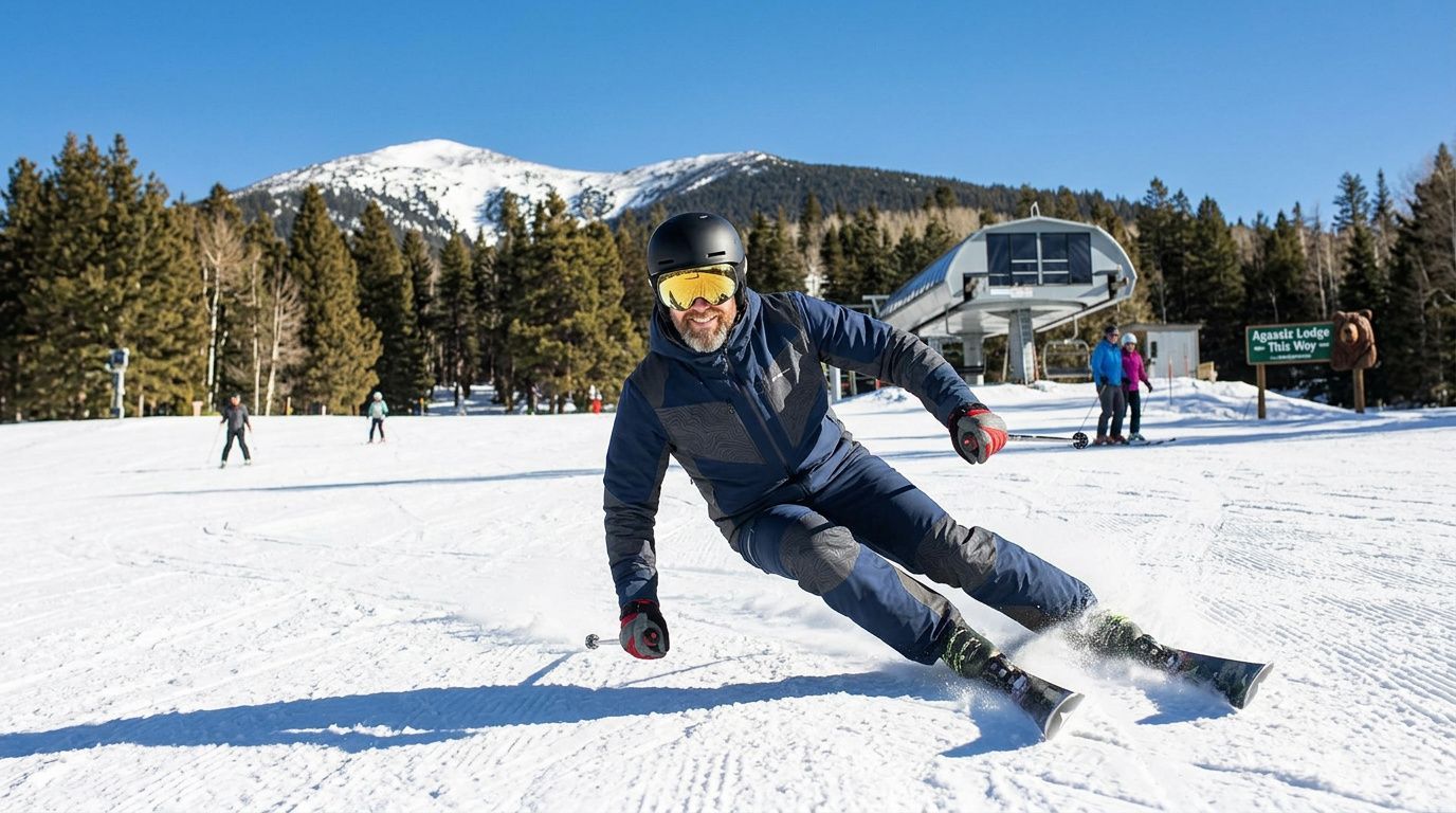 Skier carving downhill on a sunny snow-covered slope with forest and ski lift in the background