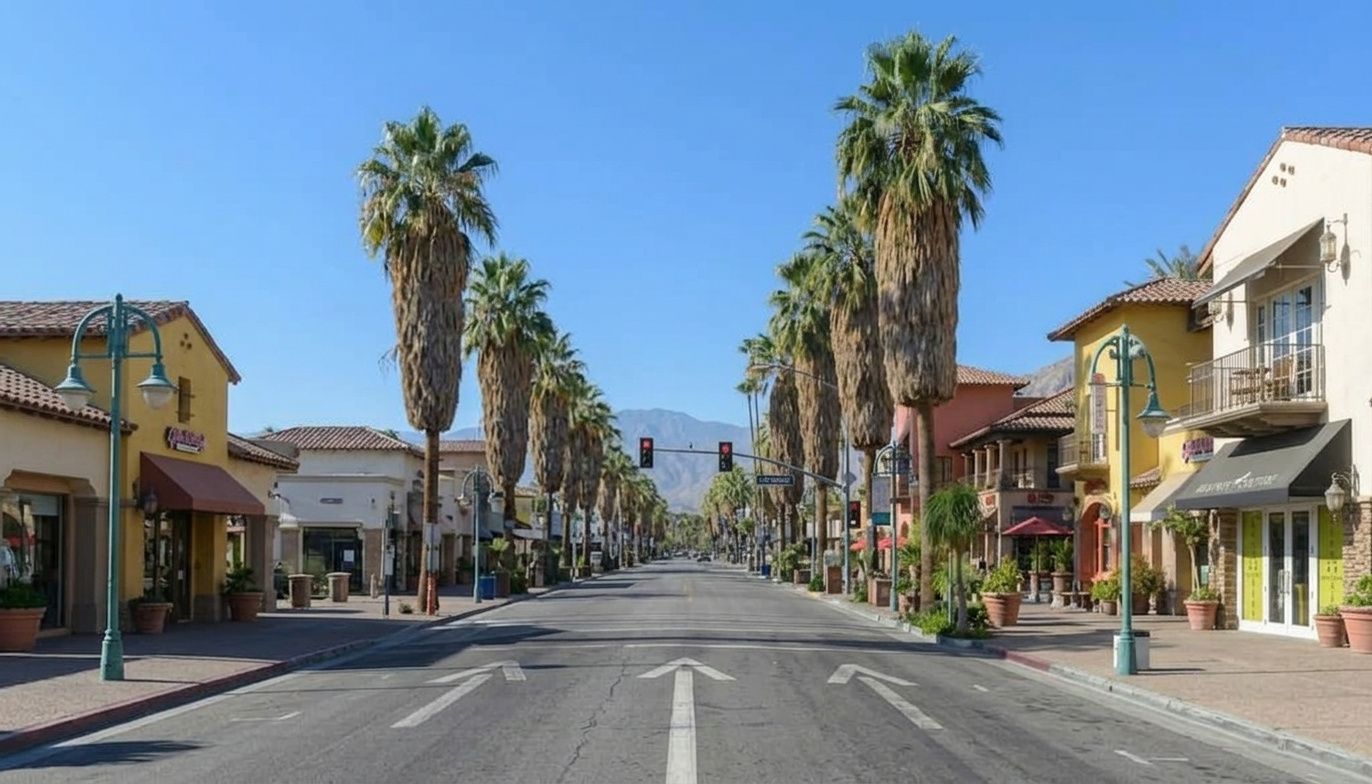A sunny, palm-lined street in a Mediterranean-style town with shops on both sides and mountains in the distance.