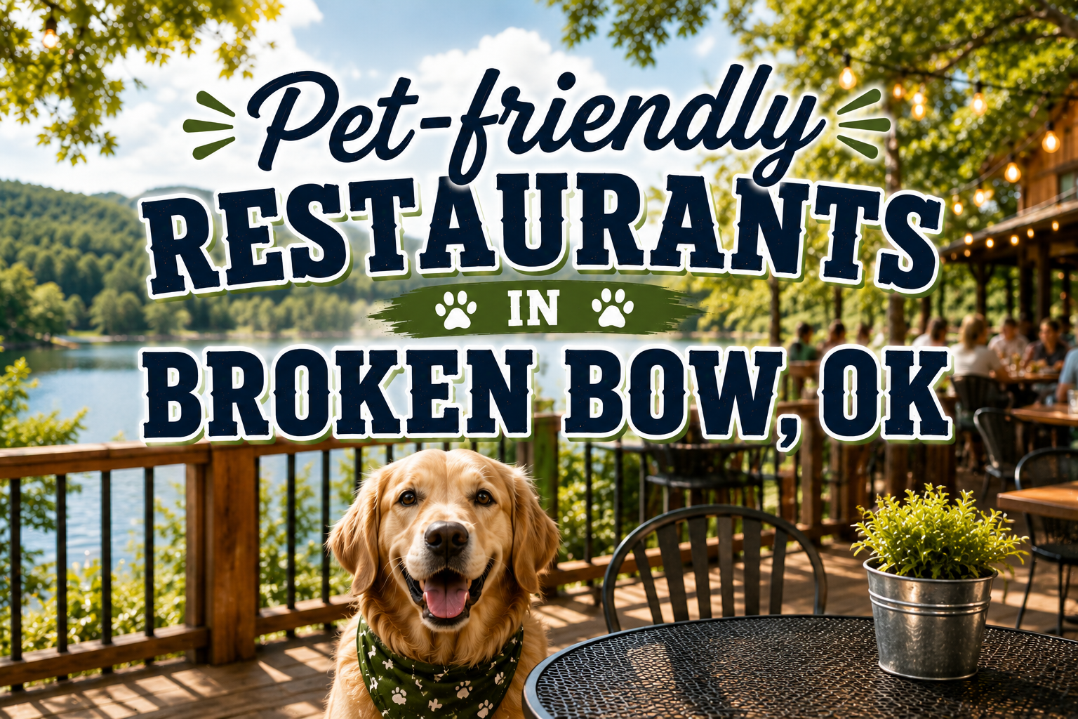 Pet-friendly restaurants in Broken Bow, OK, with a happy dog on a patio overlooking the water