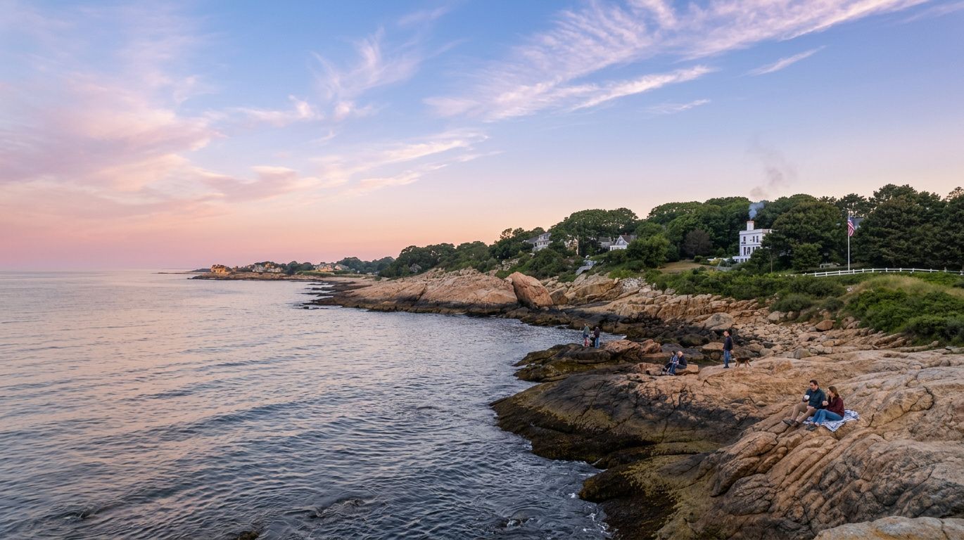 Rocky seaside shore at sunset with calm water, pink sky, and a person sitting on the rocks