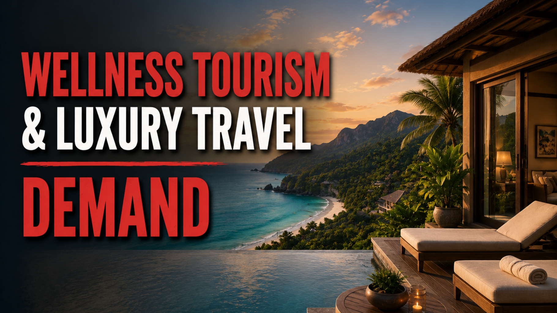 Wellness tourism and luxury travel demand over a tropical seaside resort at sunset