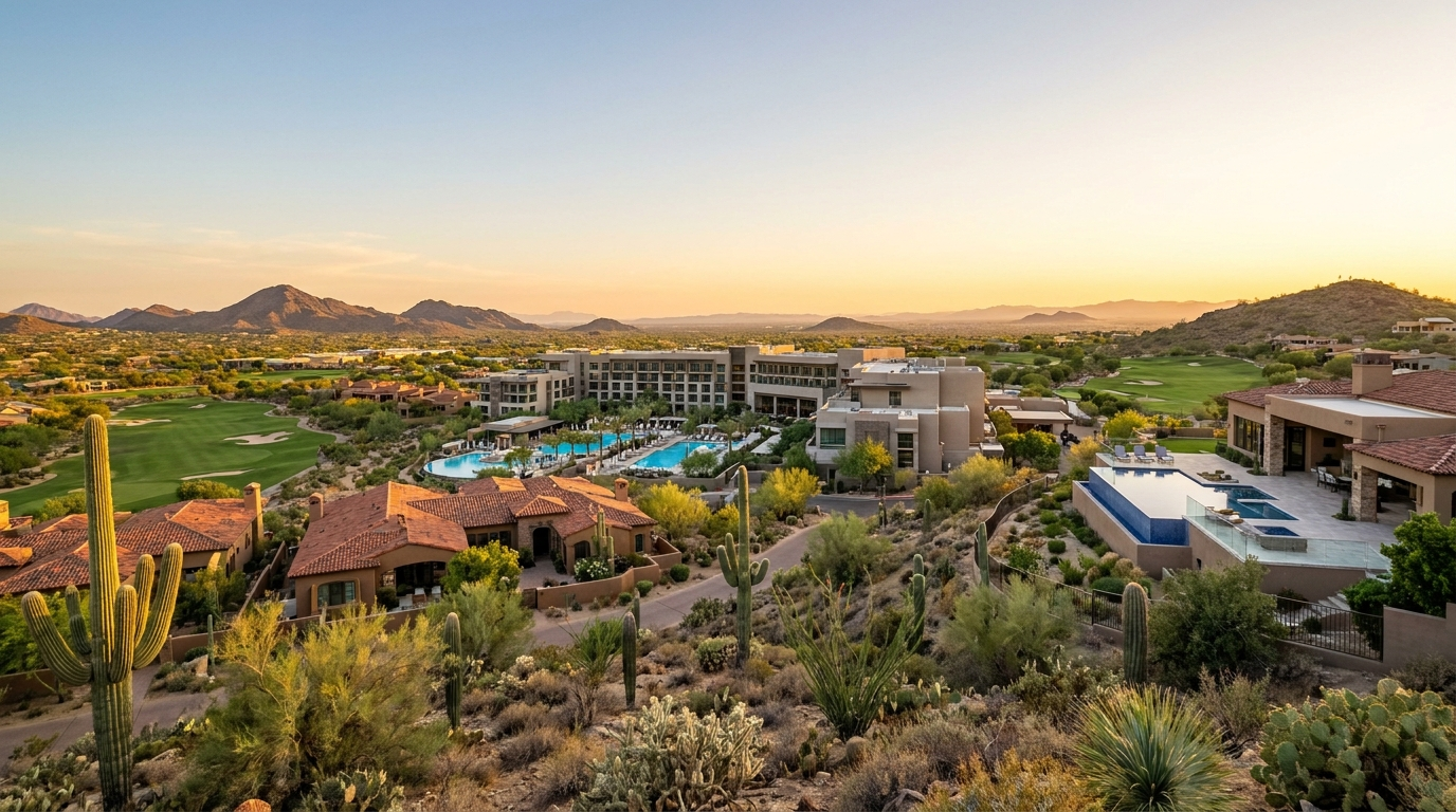Desert resort with pools and villas at sunset, backed by mountains and cacti.