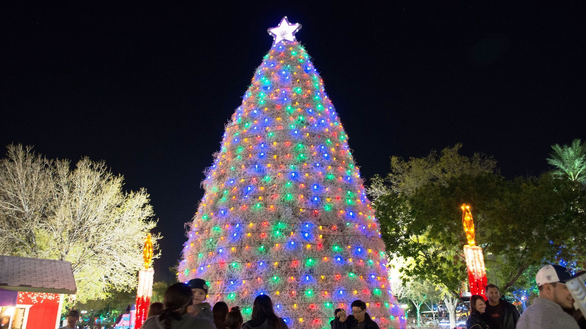 Large Christmas tree lit with colorful lights, star on top, people in foreground.