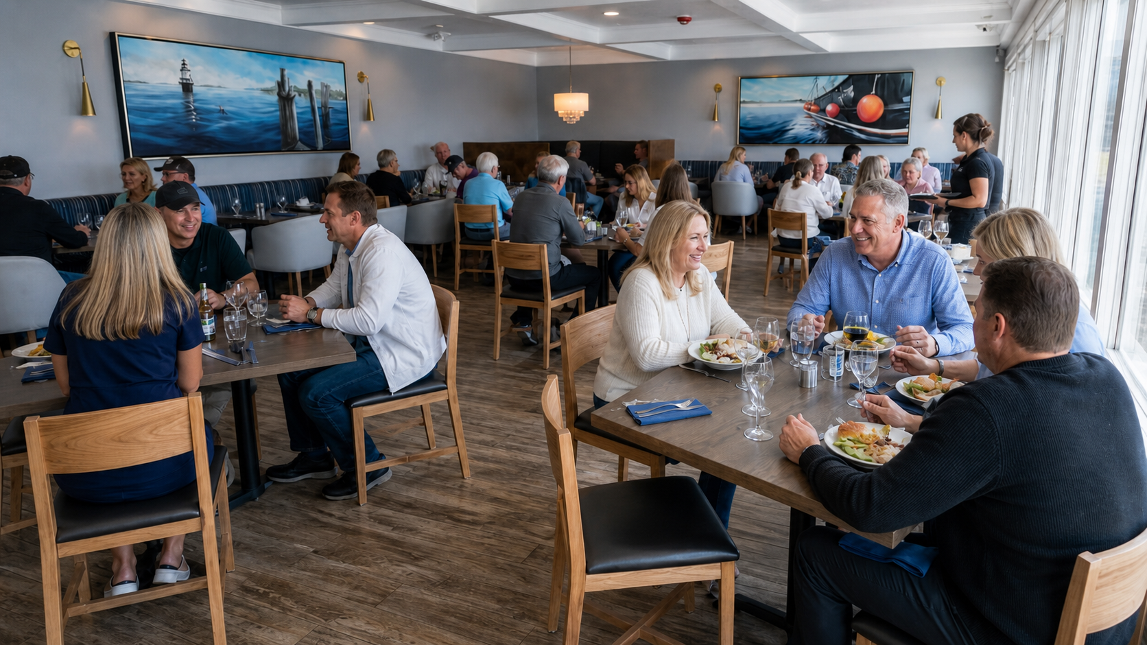 People dining at wooden tables in a bright restaurant with blue walls and hanging lights