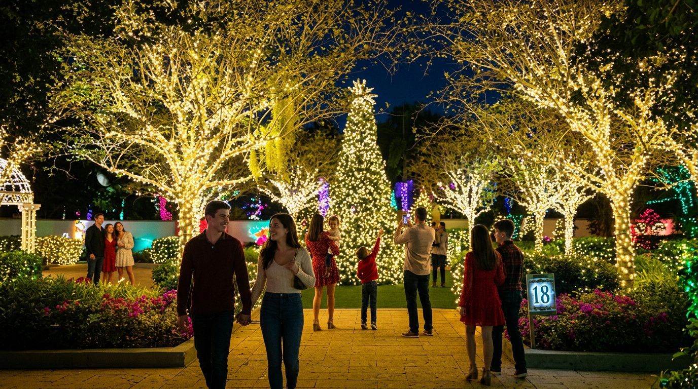 People walking through a park lit with yellow holiday string lights at night