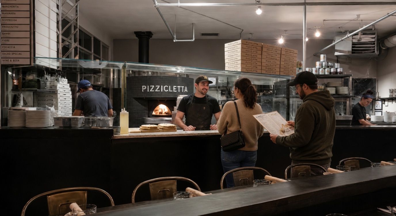 Customers wait at a café counter near a wood-fired oven in a warm, dimly lit bakery.