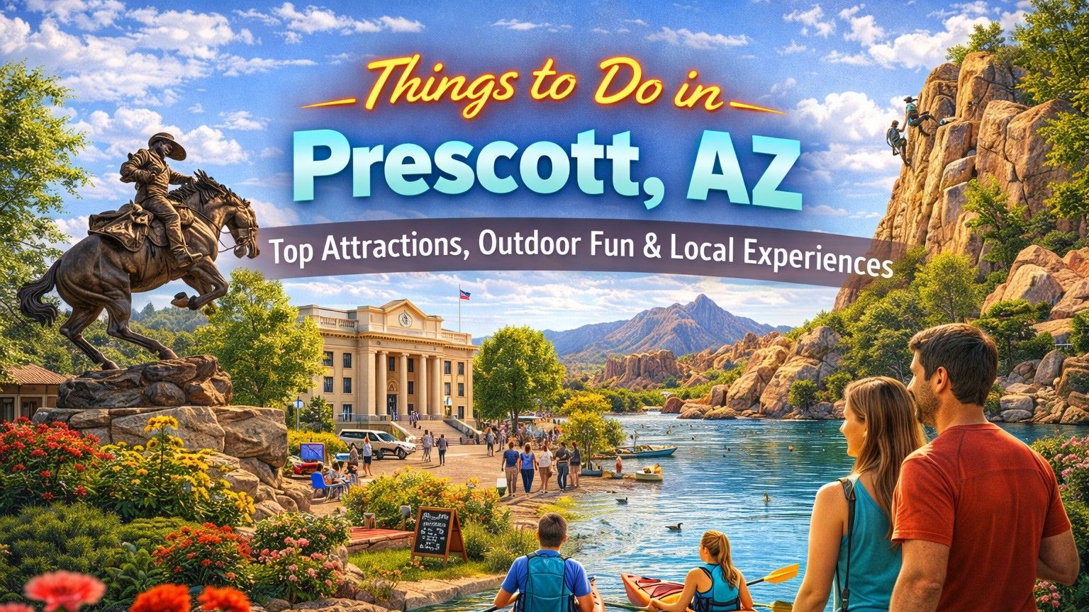 Scenic view of Prescott, AZ, with a lake, mountains, and a statue of a cowboy. Text: 