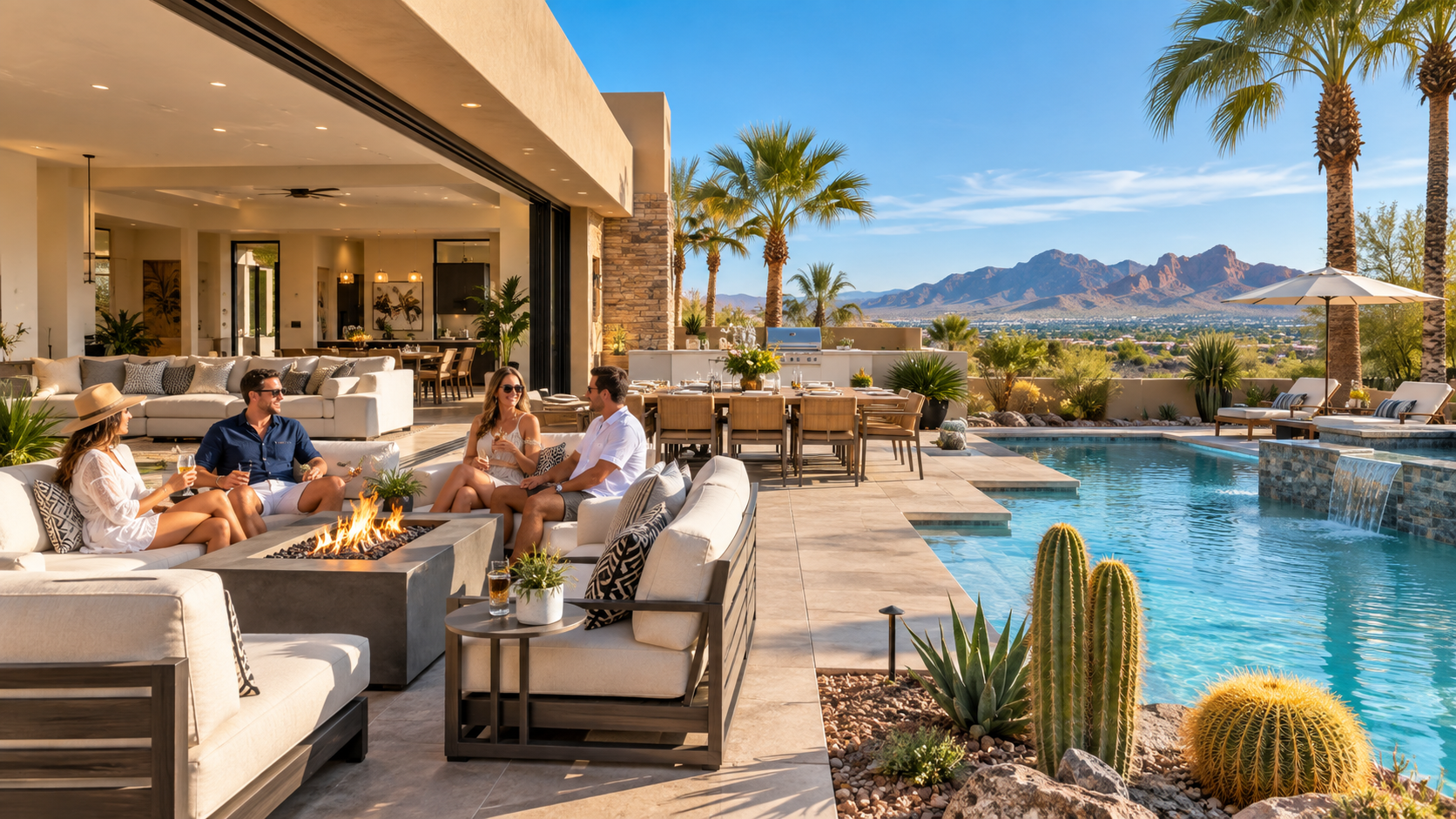 Luxury patio lounge beside a pool with people relaxing, palm trees, and desert mountains in the background