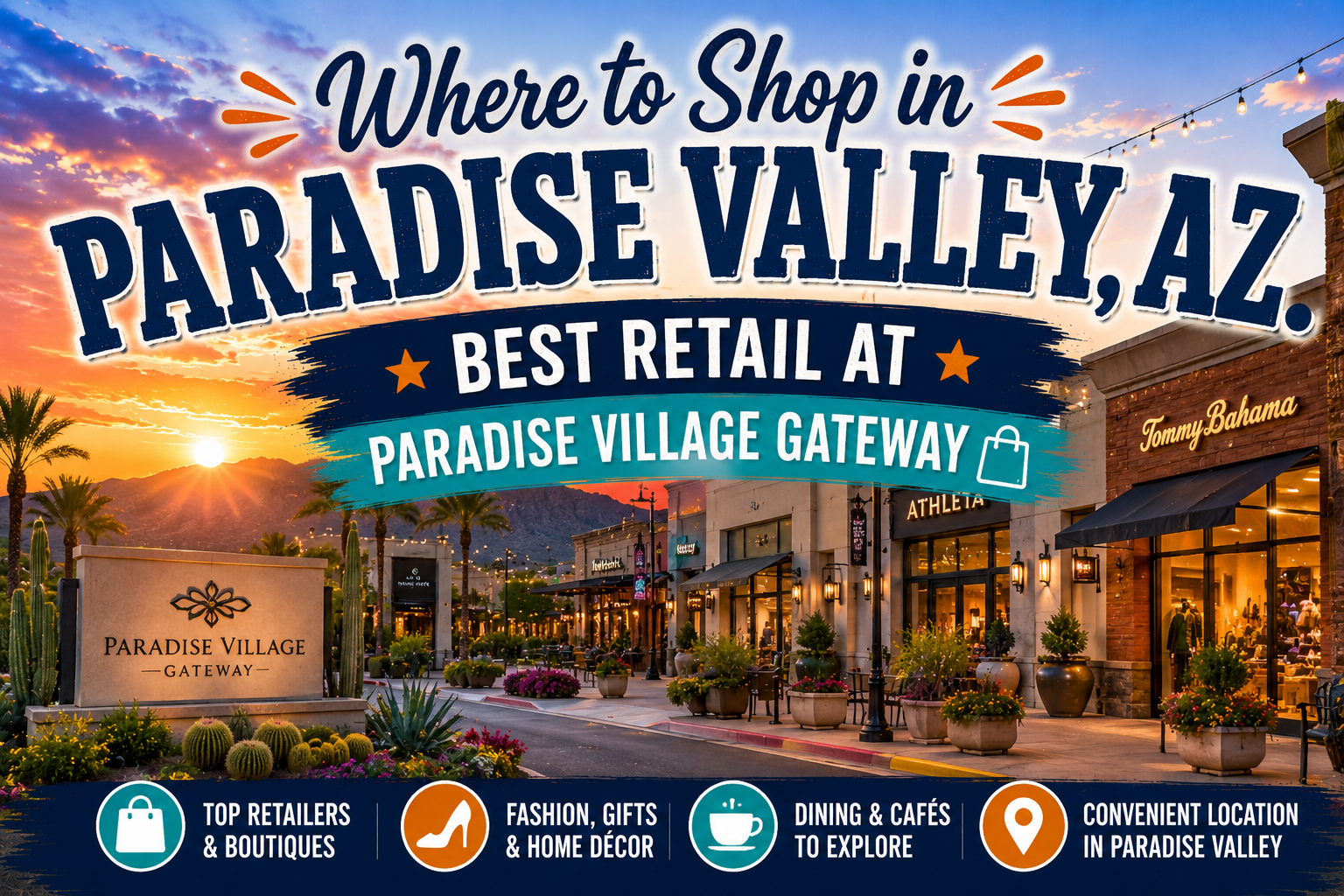 Shopping center in Paradise Valley, AZ, with palm trees and mountain backdrop. Stores include Rack and Sephora.