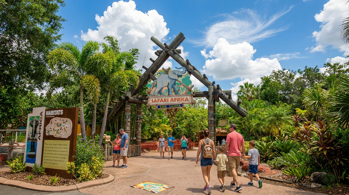Zoo entrance with wooden arch, lush greenery, blue sky, and visitors walking in.
