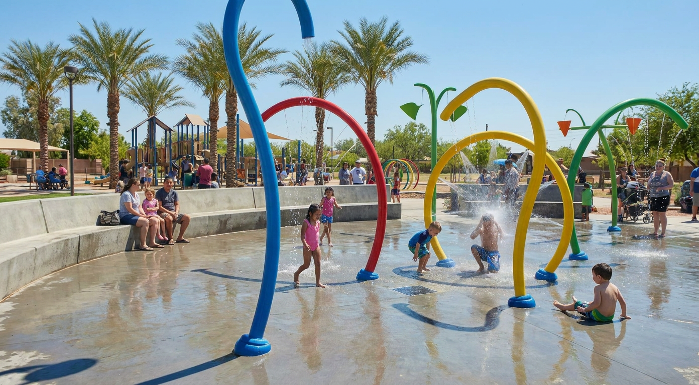 Children playing in a colorful splash pad with rainbow arches and palm trees on a sunny day