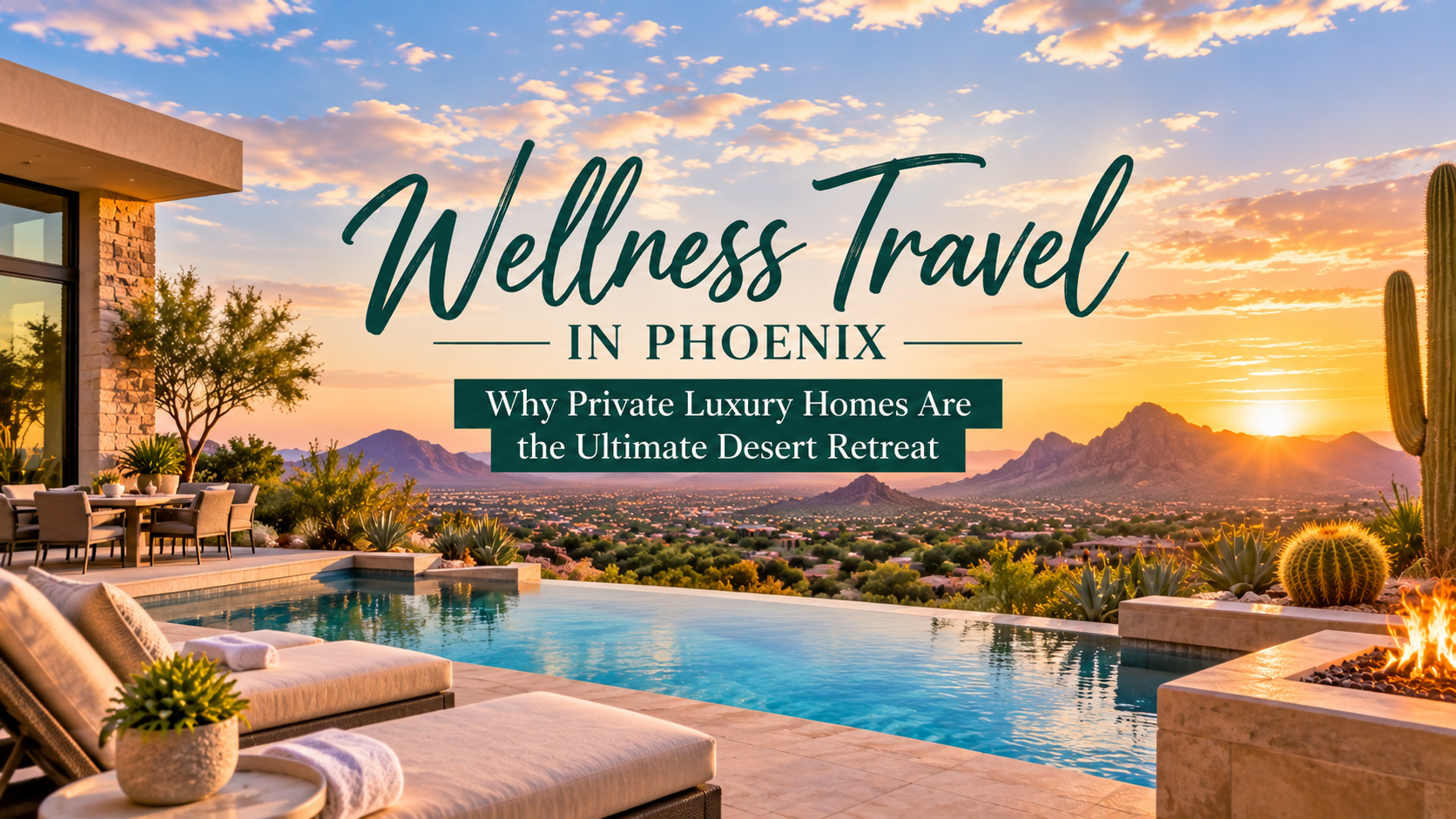 Luxury desert resort pool at sunset with palm trees and “Wellness Travel in Phoenix” text
