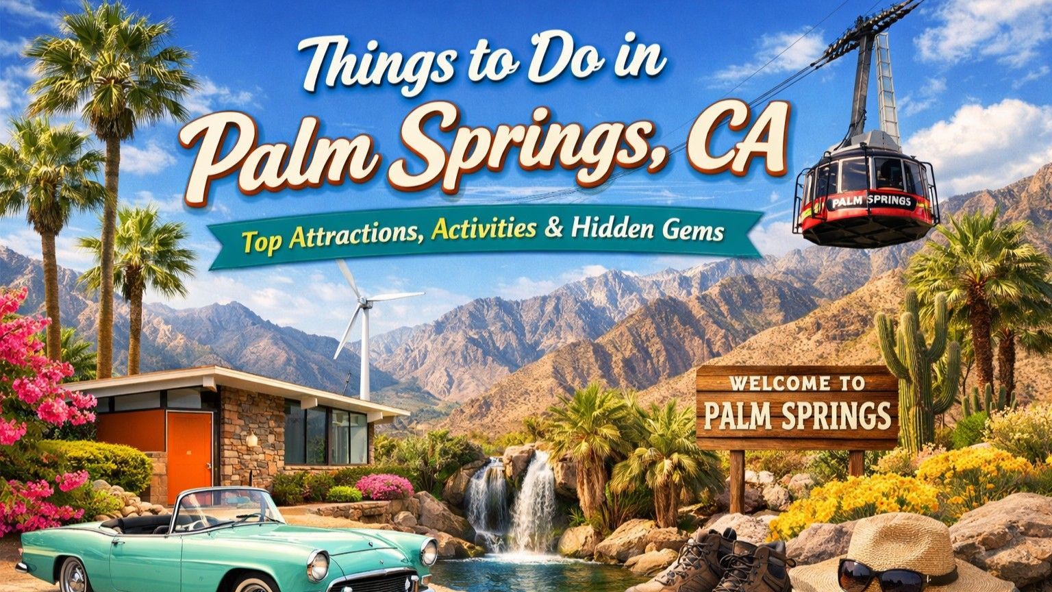 Travel graphic for Palm Springs with a vintage car, aerial tramway, mountains, and tropical landscaping.