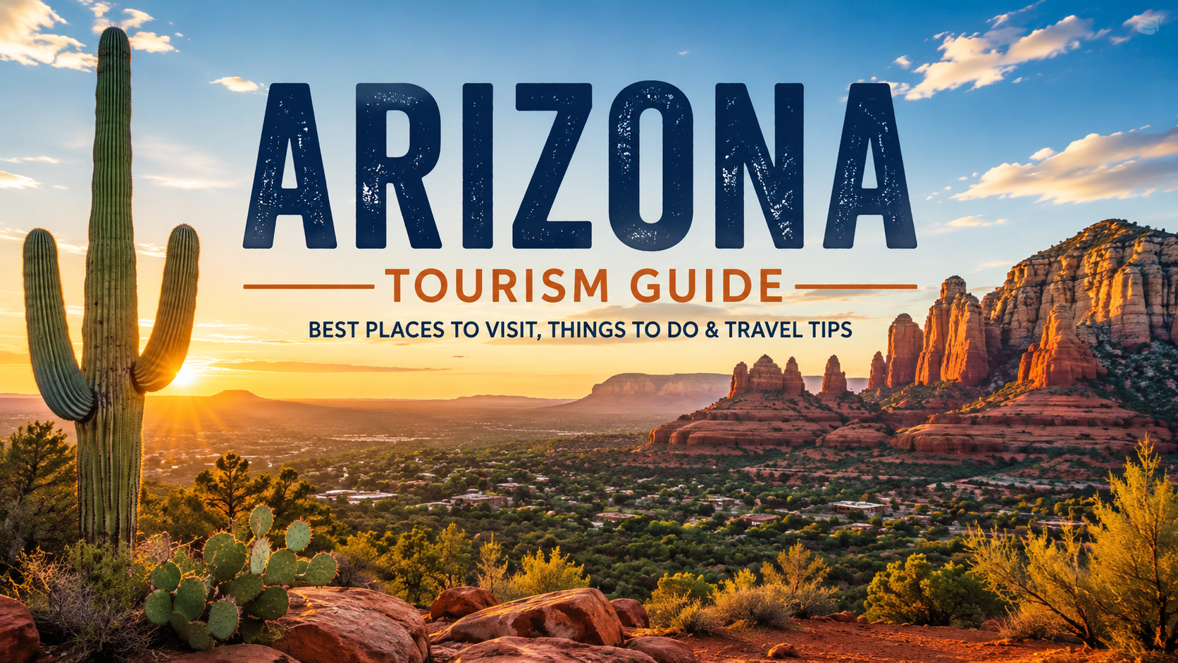 Arizona tourism guide with a sunset desert landscape, saguaro cactus, and distant mountains