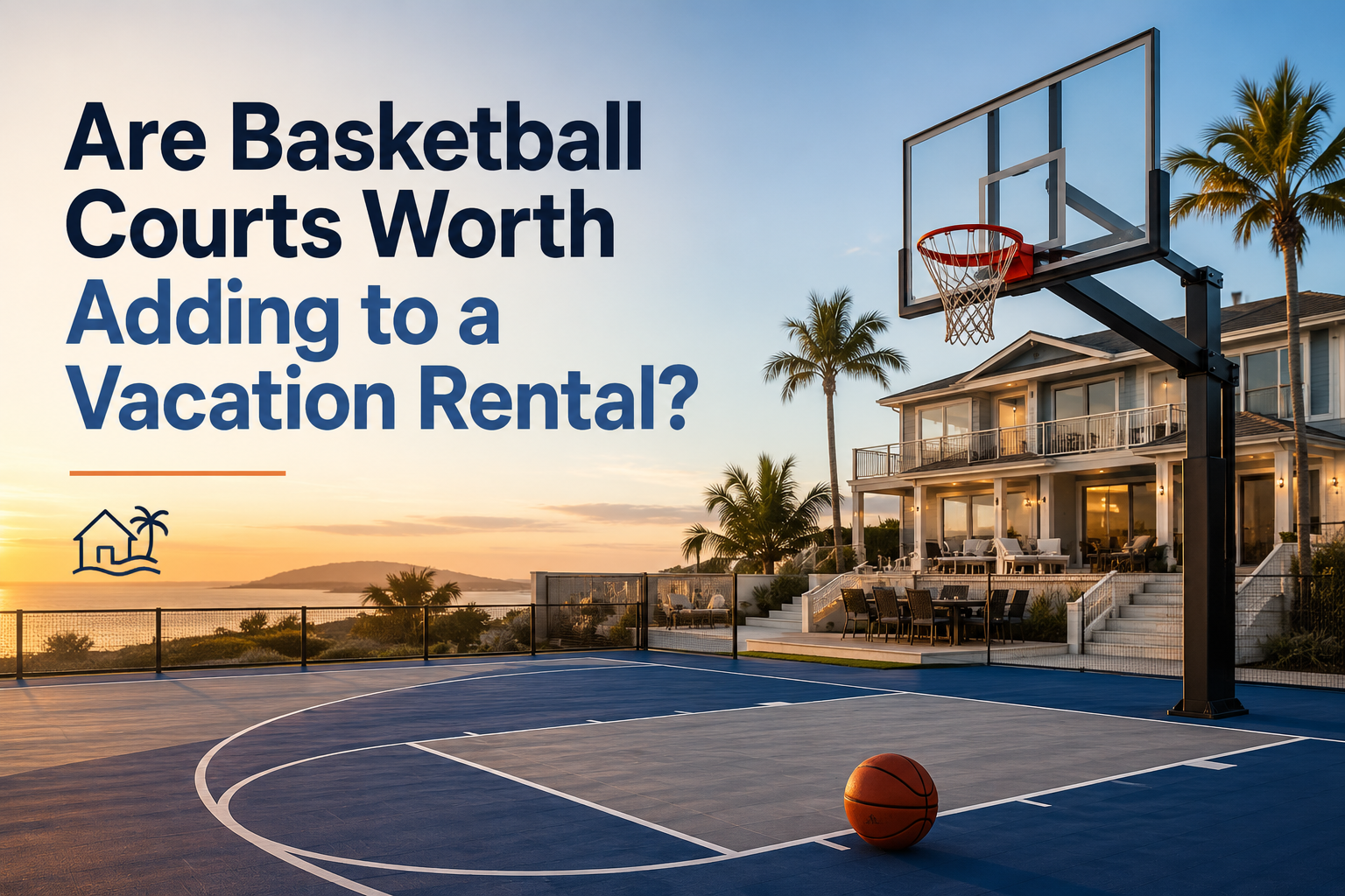 Basketball court beside a luxury vacation rental at sunset, with text asking if courts are worth adding.