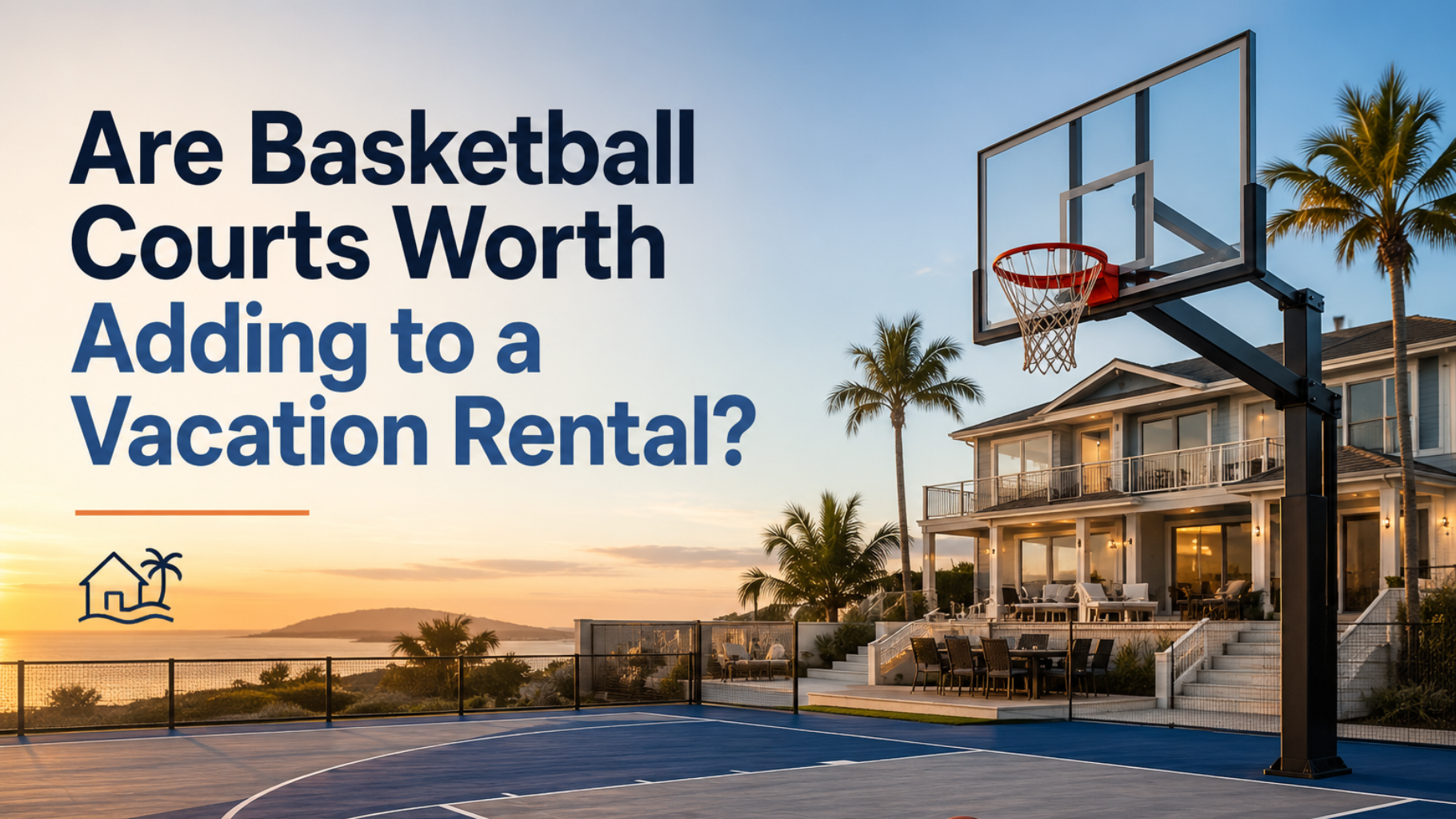Basketball hoop beside a luxury vacation rental at sunset with text: “Are Basketball Courts Worth Adding to Vacation Rental?”