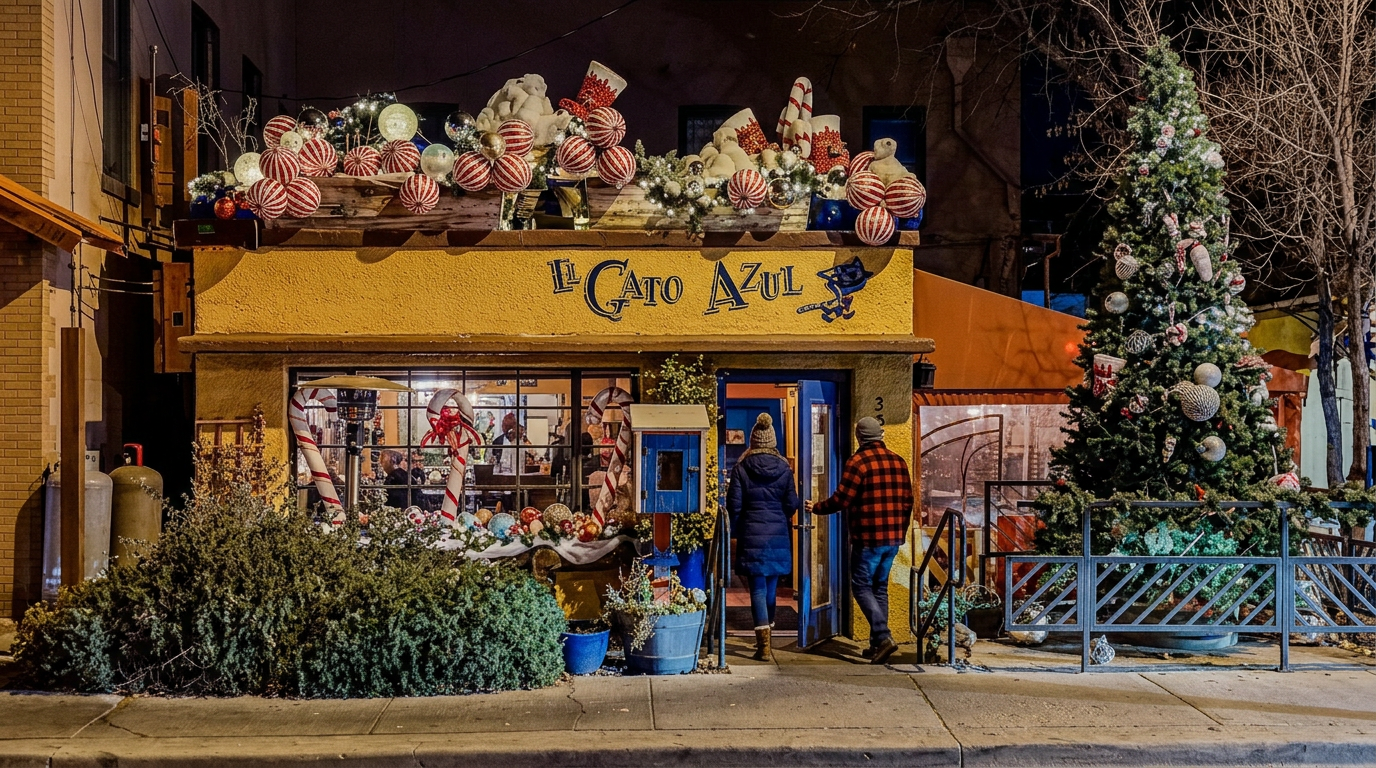 Colorful storefront at night with a lit sign, two people at the entrance, and a decorated tree nearby