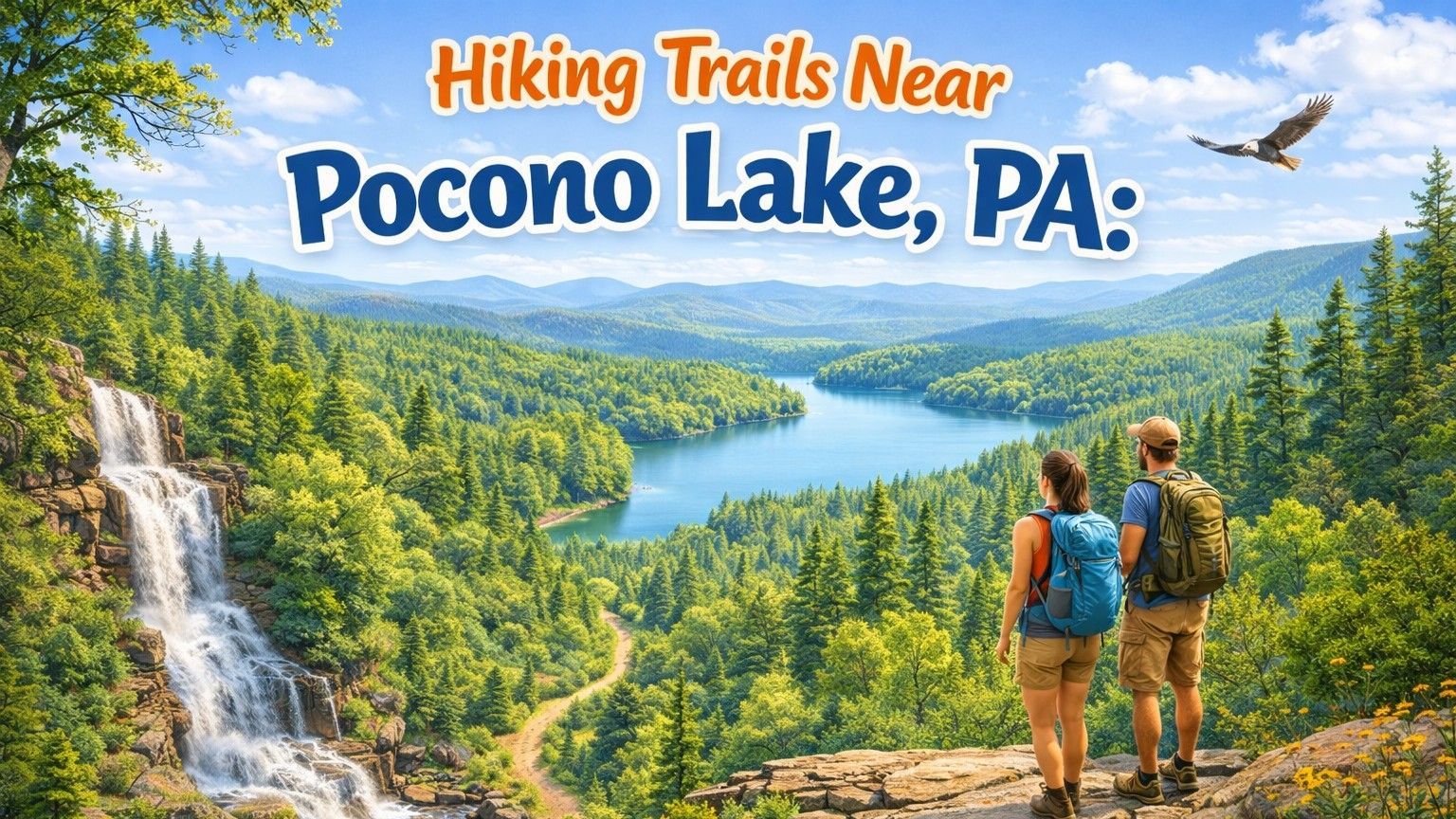 Hikers overlooking a lake and waterfall in Pocono Lake, PA. Lush green trees surround the water, under a blue sky.