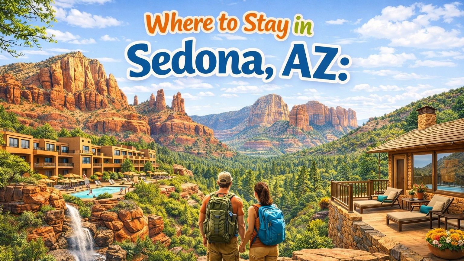 Couple overlooking Sedona, Arizona, landscape with mountains, resort, and text