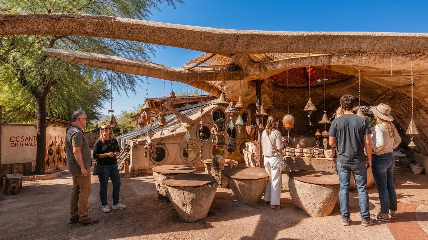 People browsing a rustic outdoor market under woven shade sails, with pottery and stalls in the sun.