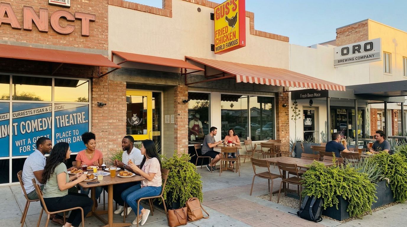 People dining outdoors at a café with potted plants and storefronts in the background