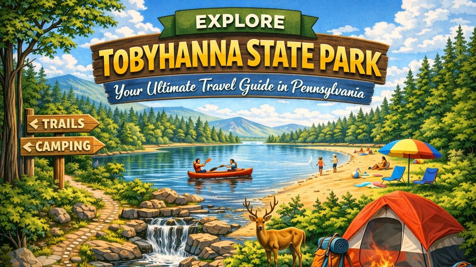 Scenic view of Tobyhanna State Park: lake, people boating, camping, trails, mountains, and forest.