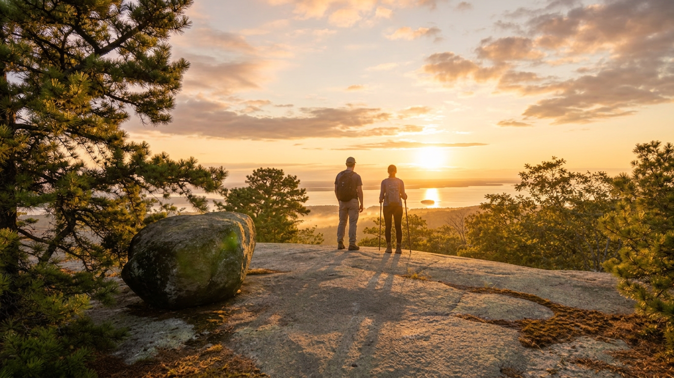 Two people standing on a rocky overlook at sunset, with trees and a glowing sky behind them.