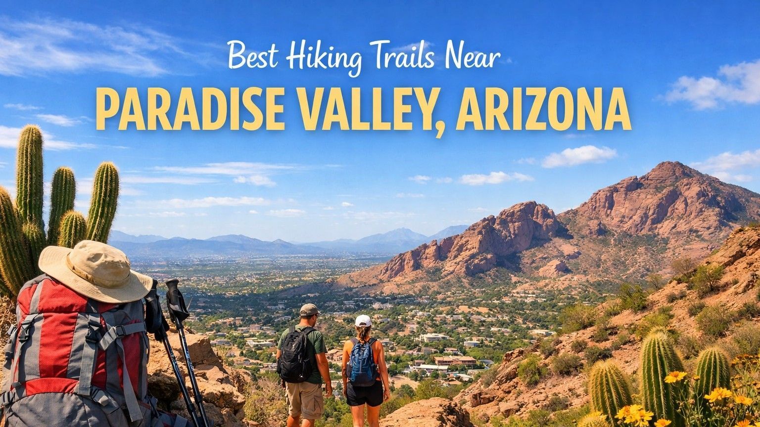 Hikers on a desert trail in Paradise Valley, Arizona, with saguaro cacti, mountains, and cityscape views under a blue sky.