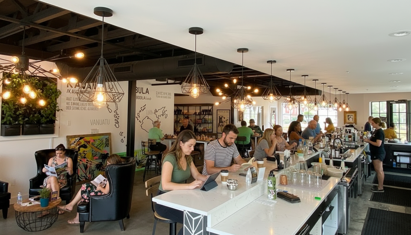 Bright café interior with patrons seated at tables and a long counter under hanging lights.