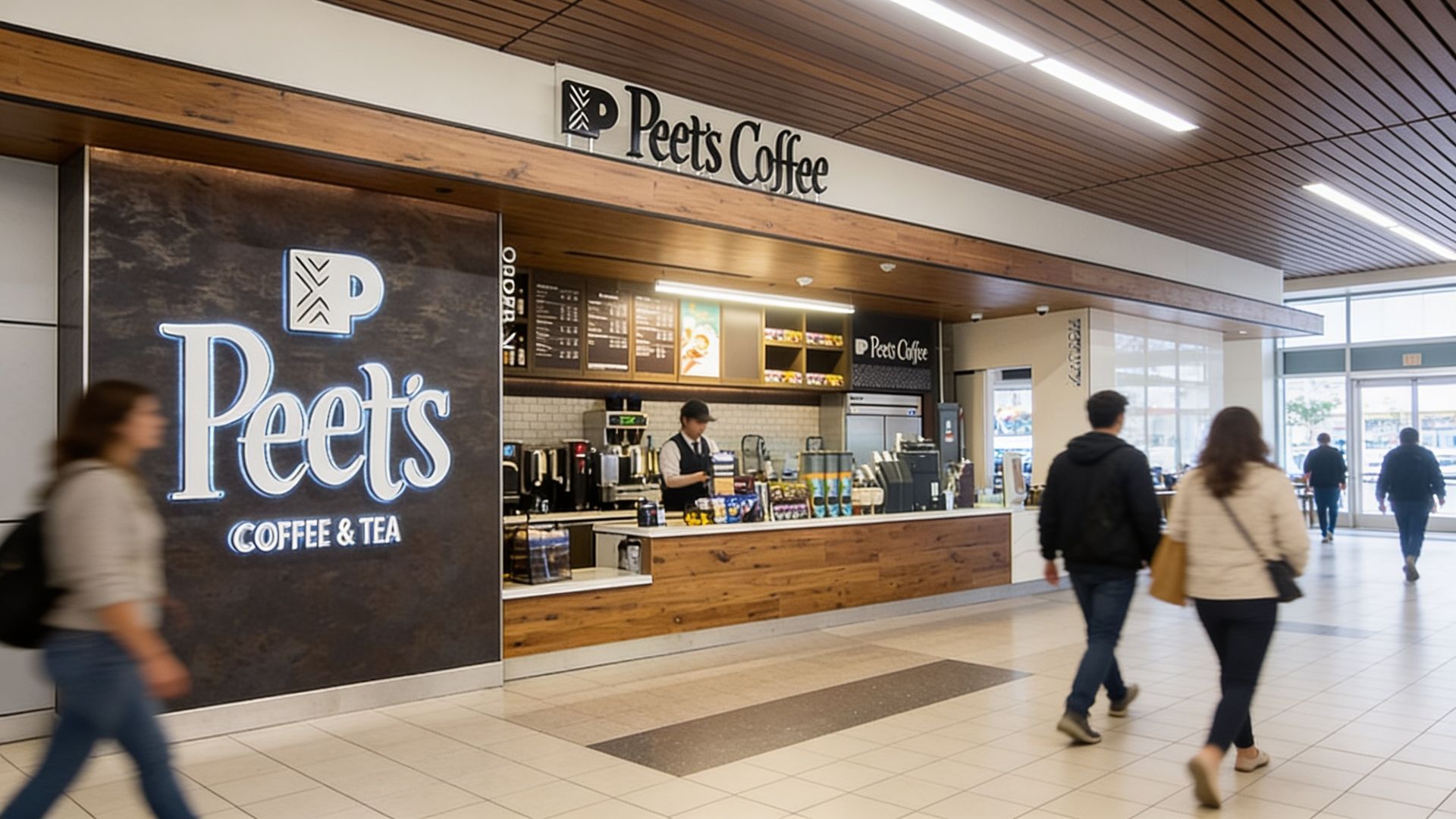 Peet’s Coffee kiosk in a mall, with customers walking past the counter