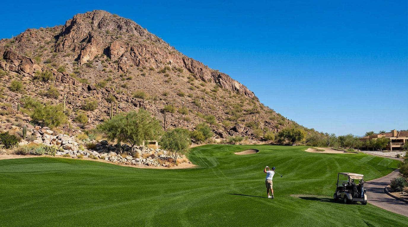 Golf course beside rocky desert mountain under a clear blue sky, with a golfer and cart in the foreground