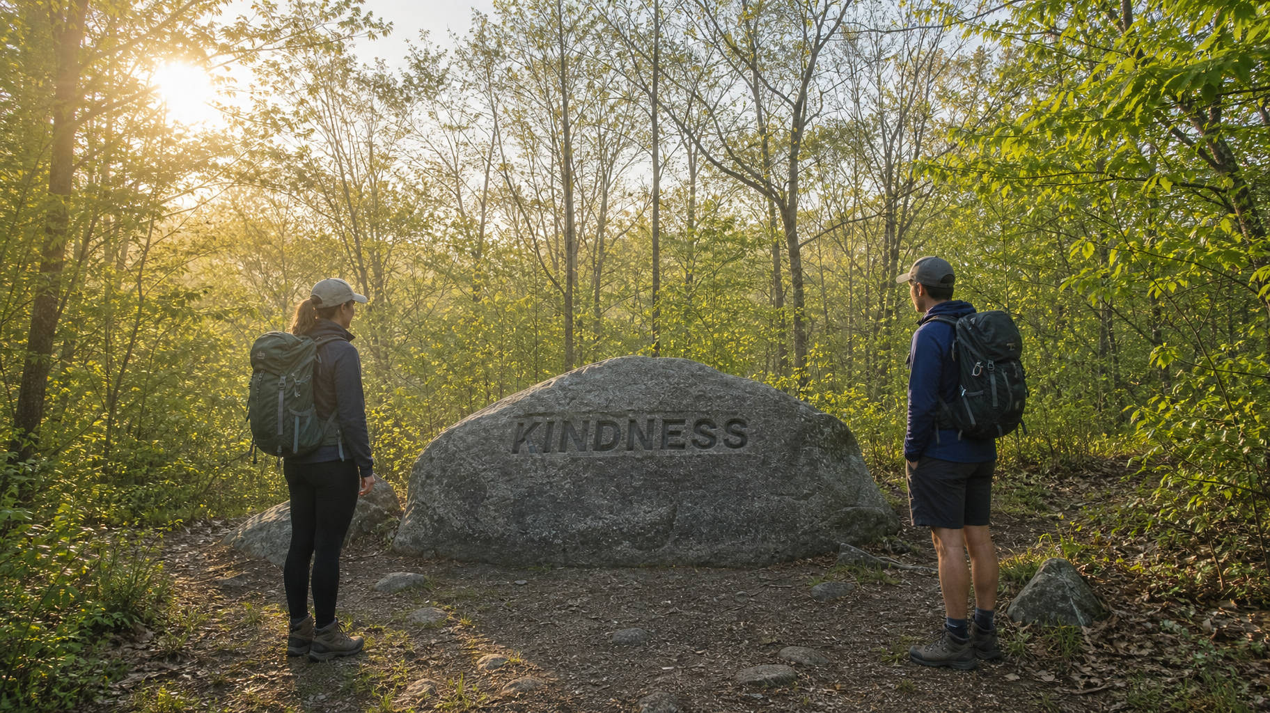 Two hikers stand by a stone engraved “KINDNESS” in a sunlit wooded trail.