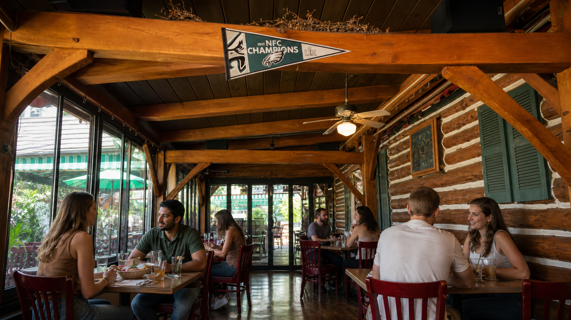 People dining at tables inside a rustic wooden restaurant with large windows and warm lighting