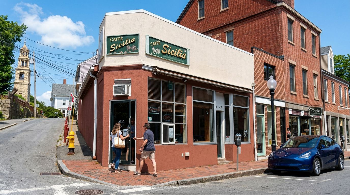 Corner storefront on a sunny street, with two people by the entrance and a blue car parked nearby.