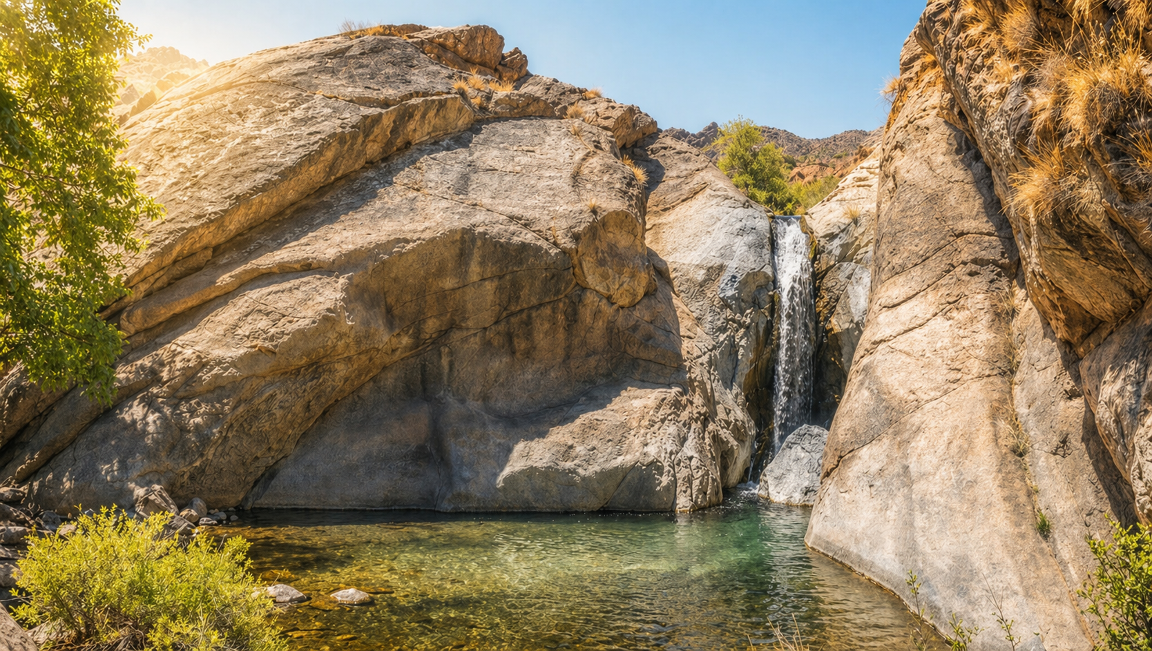 Rocky canyon with a small waterfall flowing into a clear pool under bright sunlight