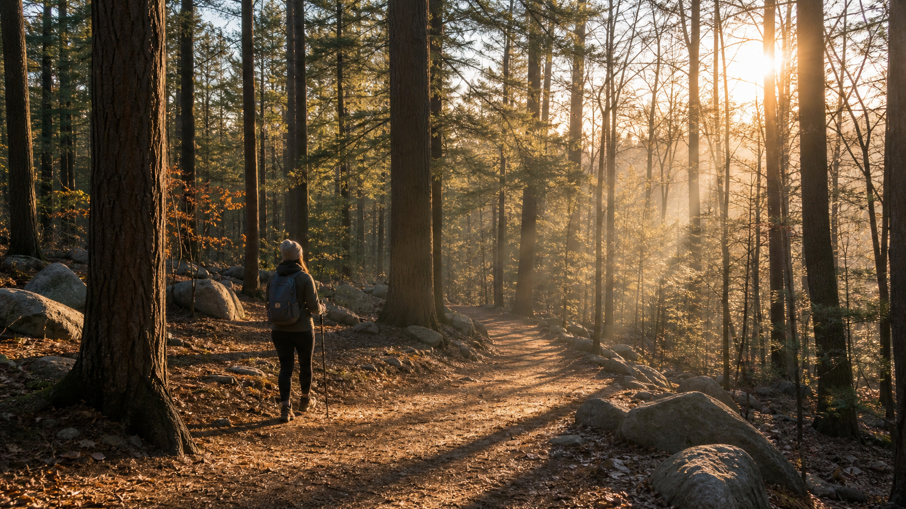 Hiker walking on a sunlit forest trail with tall trees and rocks at dawn