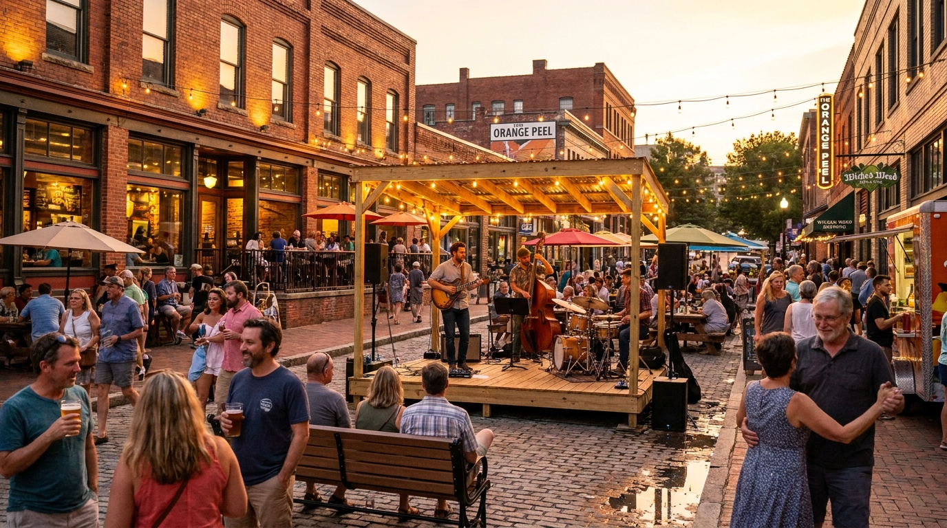 Crowded brick-lined outdoor market at sunset, with people mingling around a central stage under string lights.