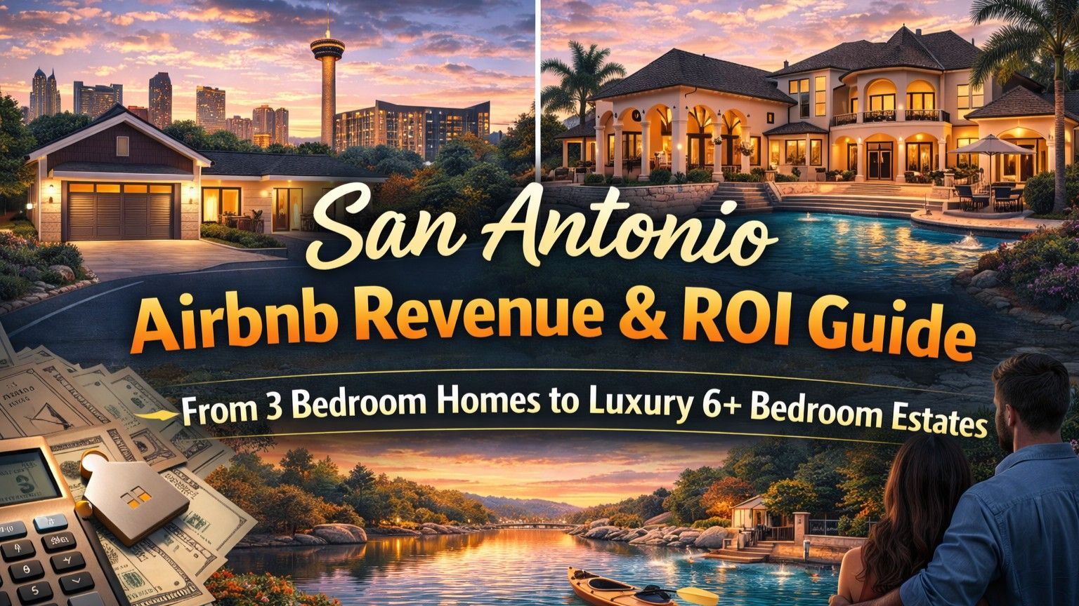 San Antonio Airbnb revenue guide with home illustrations and text: