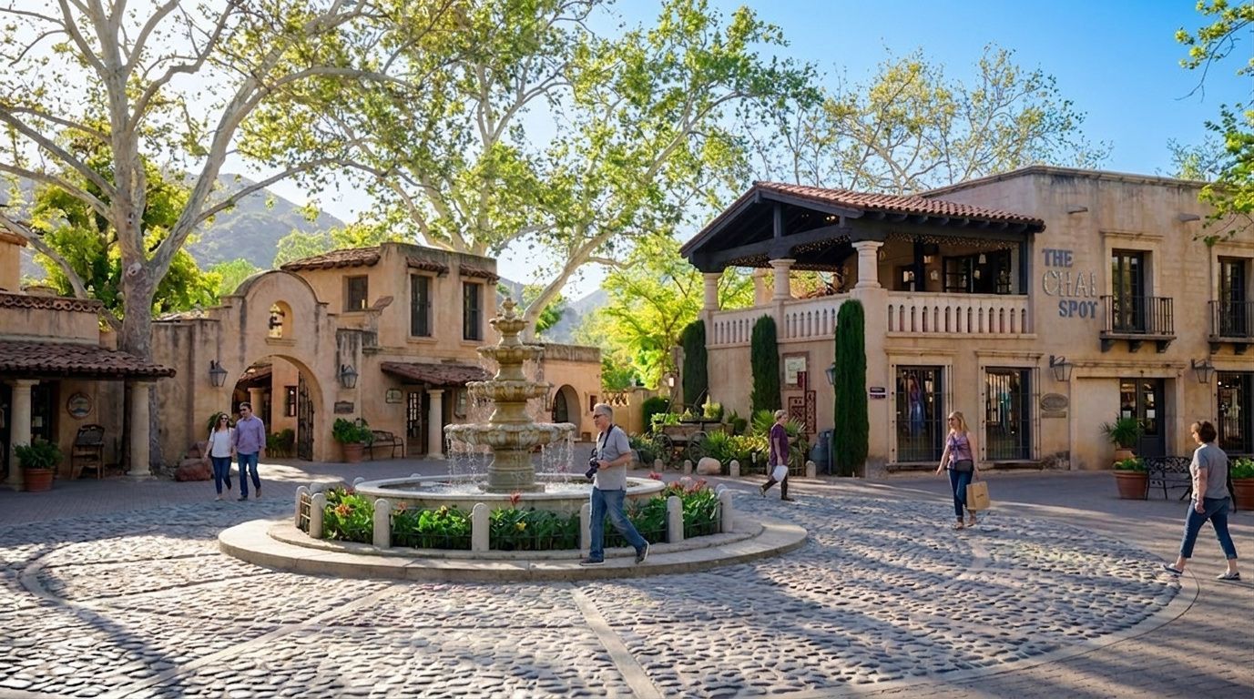 Sunny courtyard with a central fountain, adobe-style buildings, and people walking under leafy trees.