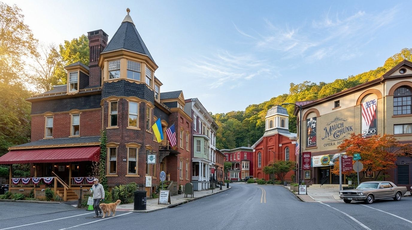 Historic brick buildings on a quiet street, with a blue turret, rainbow flag, and parked cars