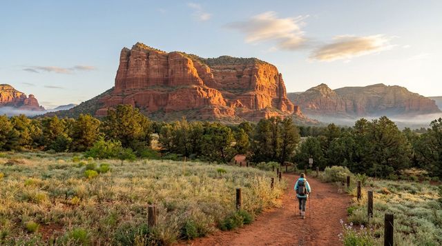 Hiker on a trail in a desert valley with red rock cliffs at sunrise