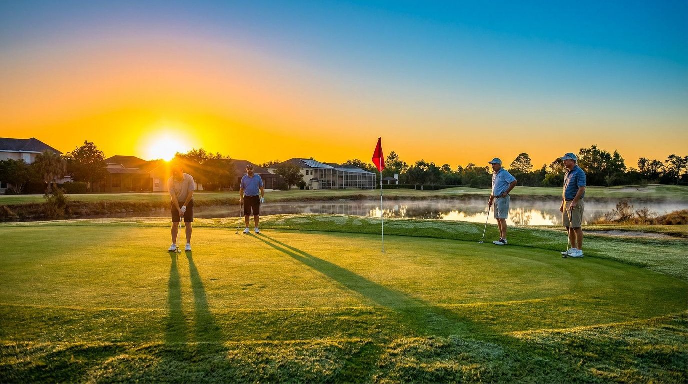 People golfing on a green at sunset, with a bright orange sky and long shadows.