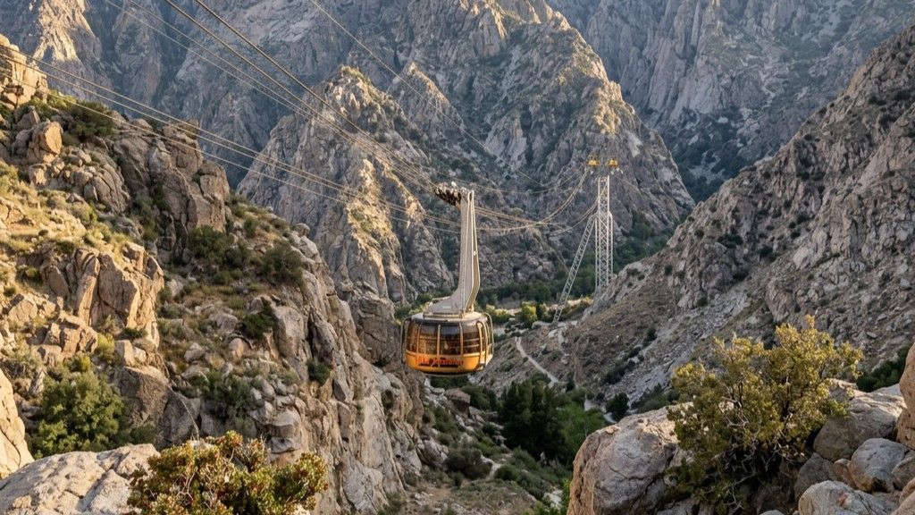 A yellow aerial tram car travels on cables suspended high above a rocky, steep canyon valley during daylight.