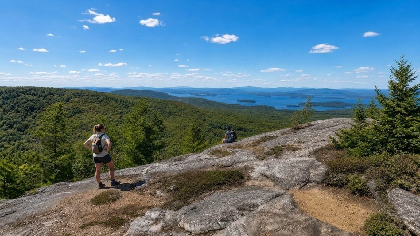 Hiker overlooking a rocky mountain trail with forested hills and distant blue water under a clear sky