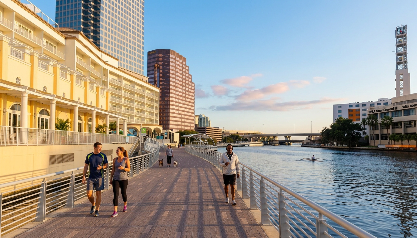 People walking along a riverside promenade at sunset beside modern buildings and calm water.