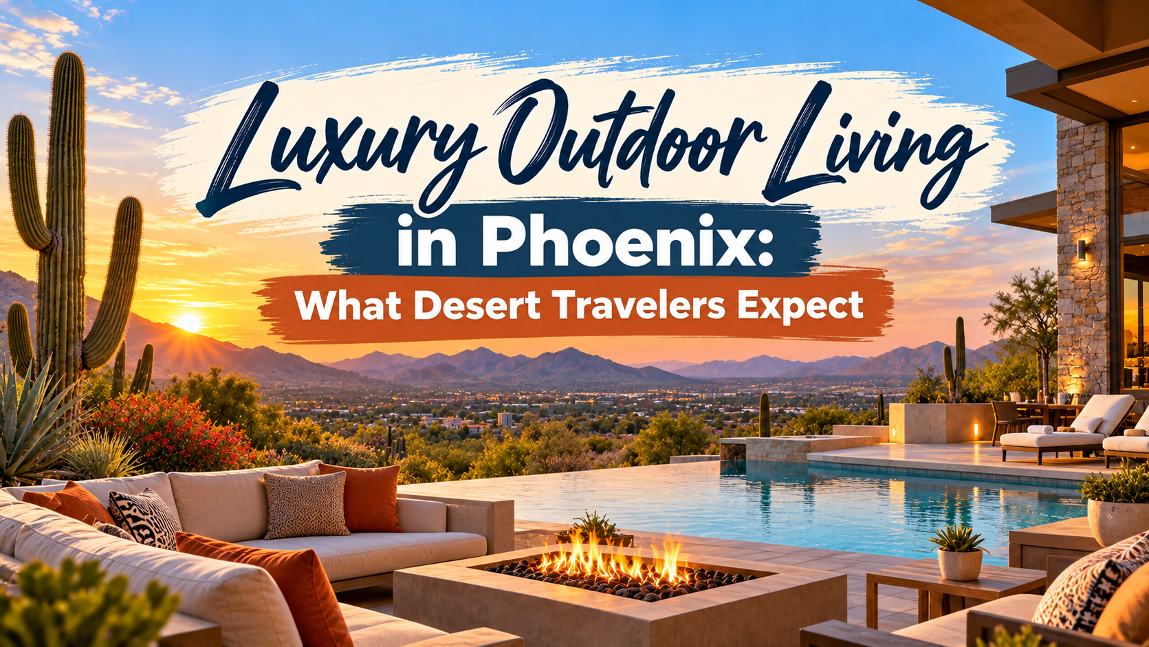 Luxury outdoor desert patio with pool, fire pit, and sunset mountains in Phoenix; “What Desert Travelers Expect”